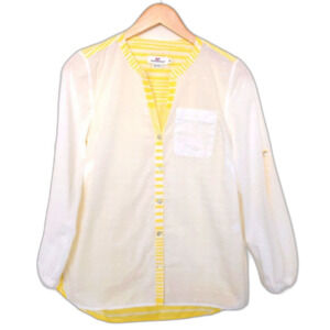 Womens Vineyard Vines White Swiss Dot Yellow Stripe Button Up Roll Sleeve Top XS